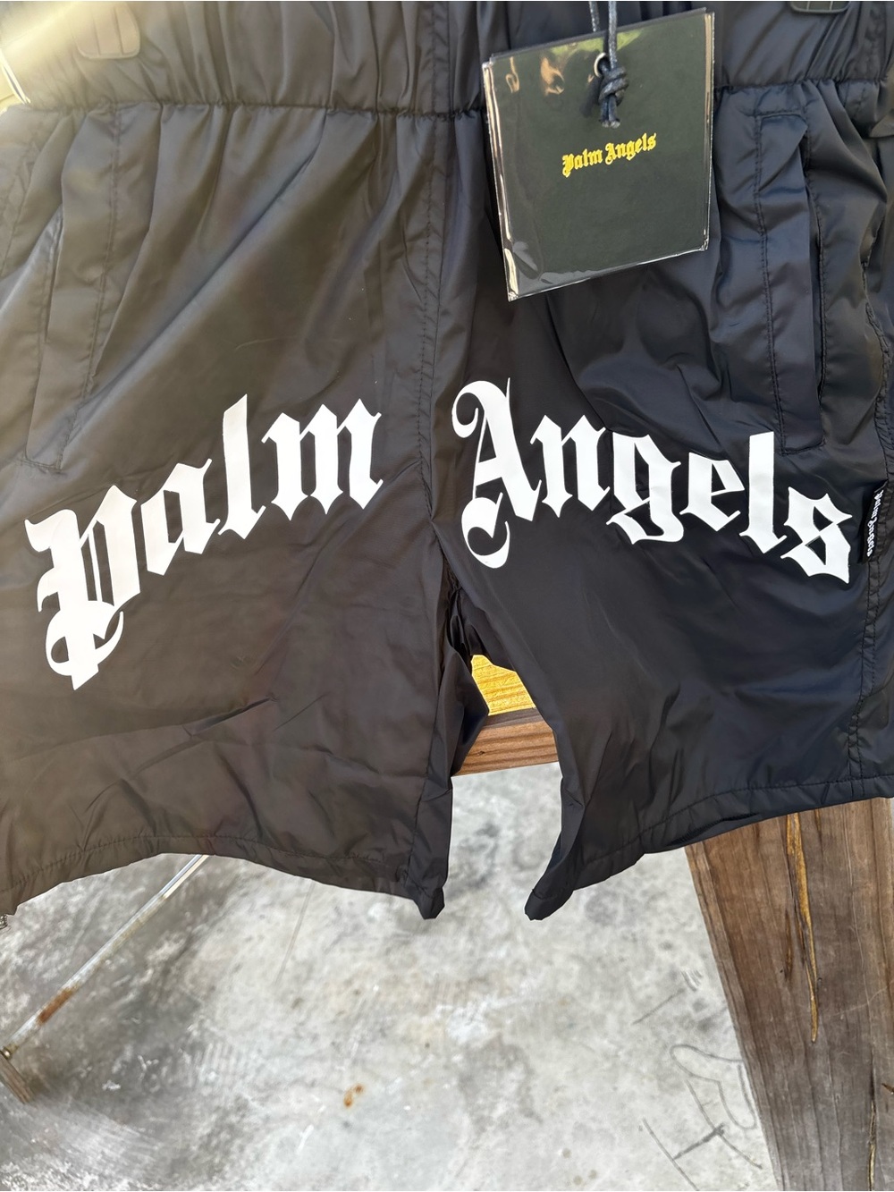 Palm Angels Black Swim Shorts with White Gothic Logo